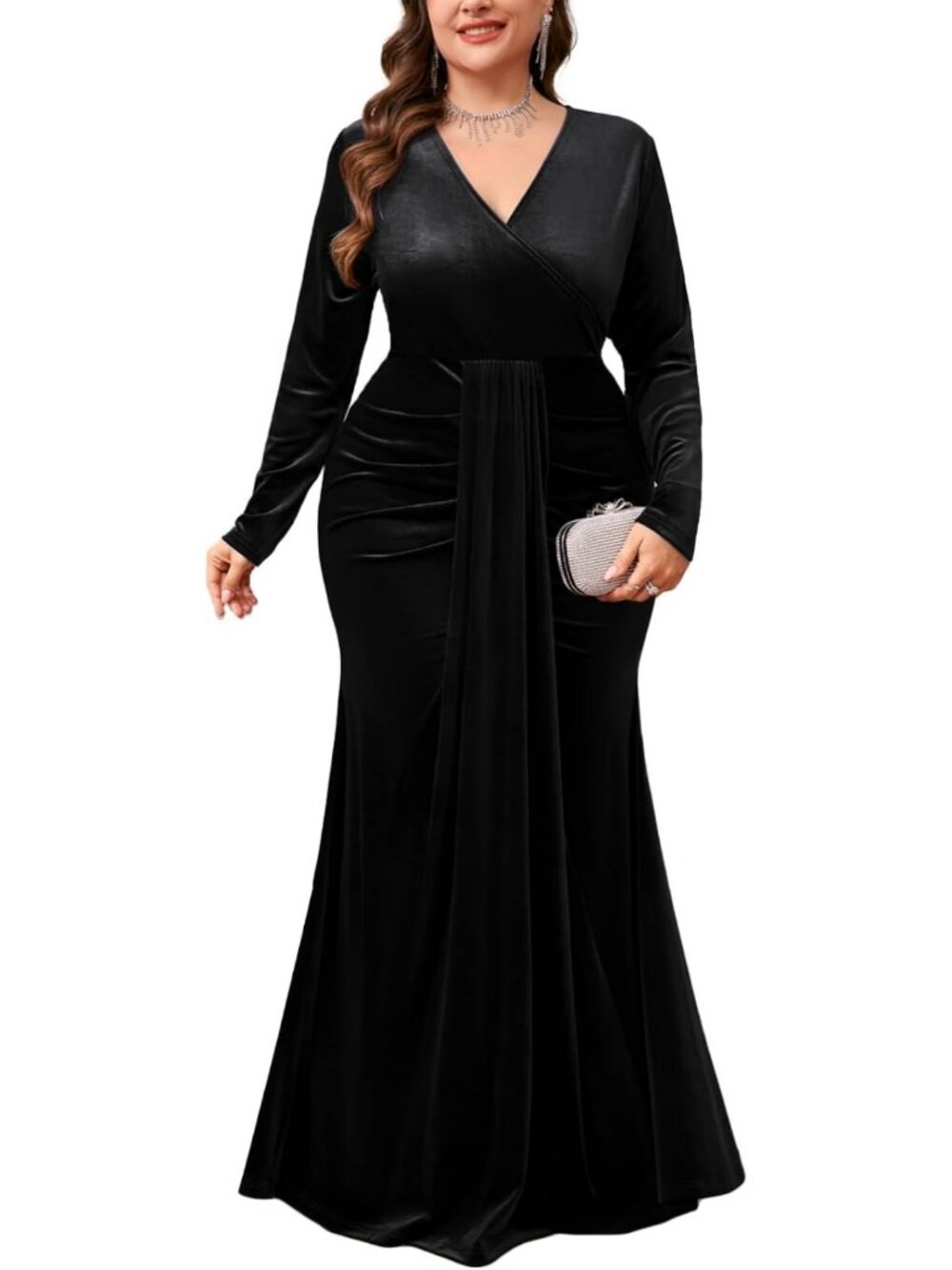 Plus Size Velvet Wrap Dress - Long Sleeve V Neck Mermaid Maxi Evening Gown